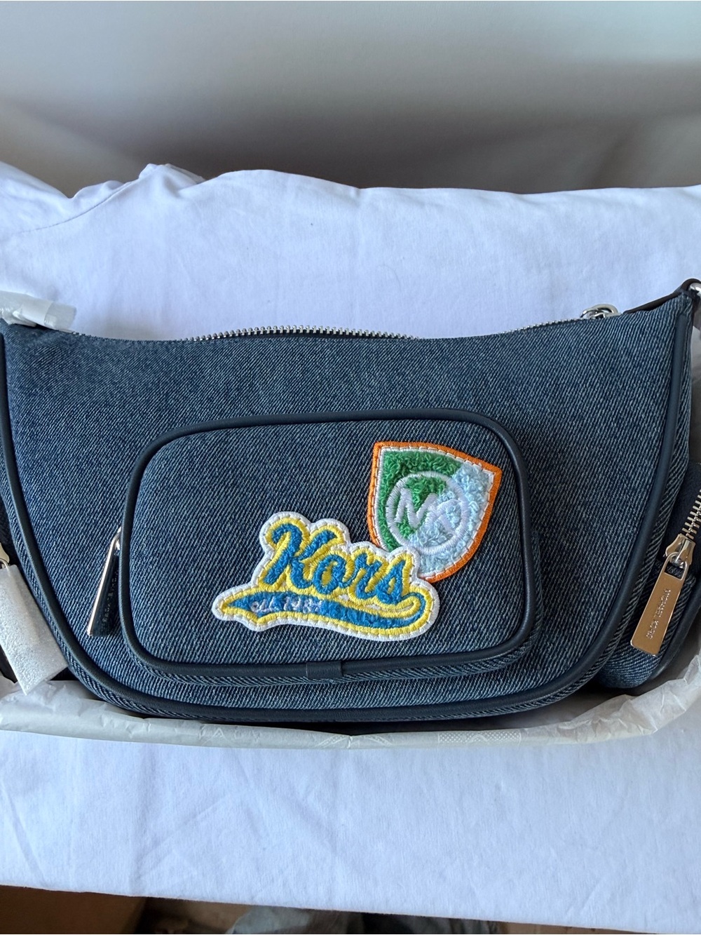 Michael Kors Denim Shoulder Bag with Colorful Embroidered Patches - Blue